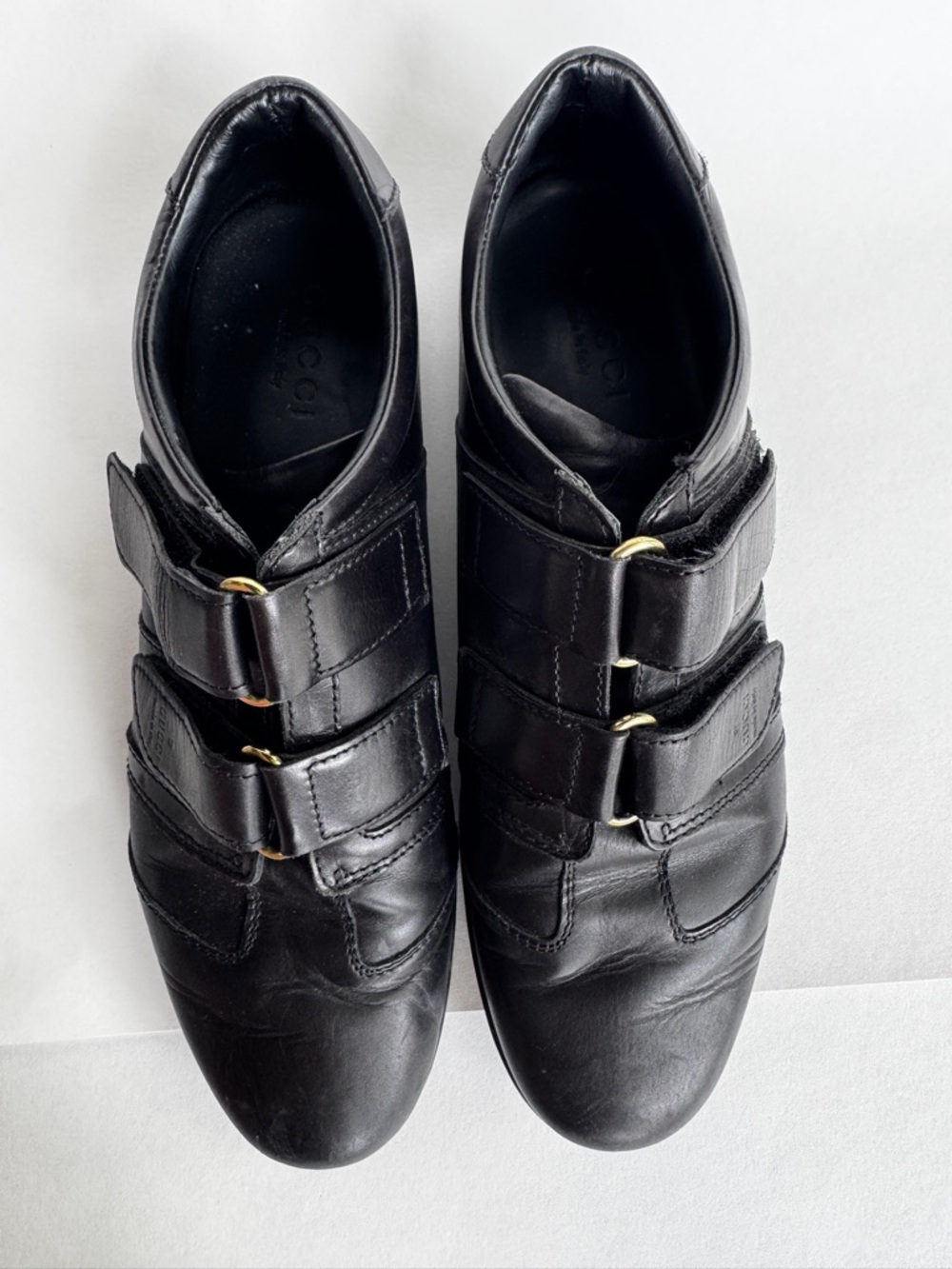 Vintage Gucci Black Leather Triple Velcro Strap Sneaker Gold Hardware 10B